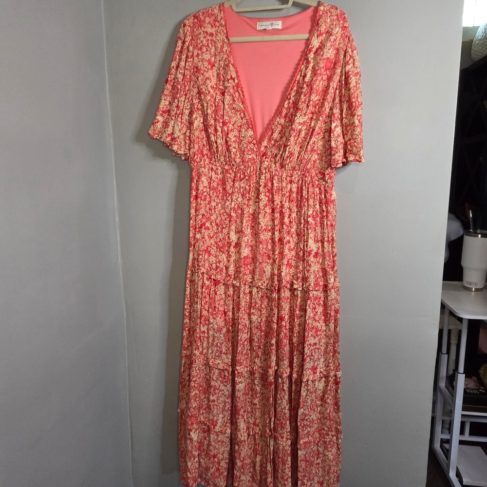 Cottagecore Penelope Rose Floral Maxi Dress Womens 2X Pink Red Tiered V-Neck